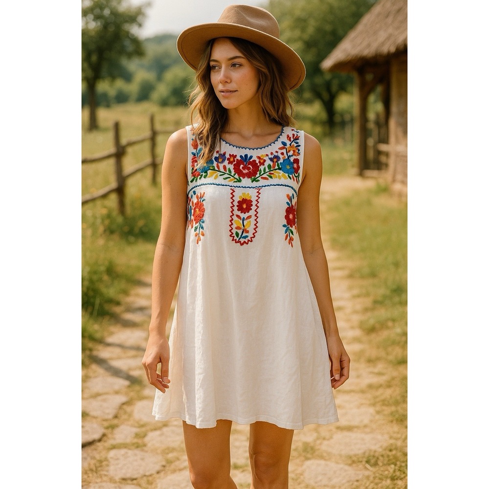 Jodifl Dress Womens L White Floral Embroidered Sleeveless Boho Fiesta Resortwear